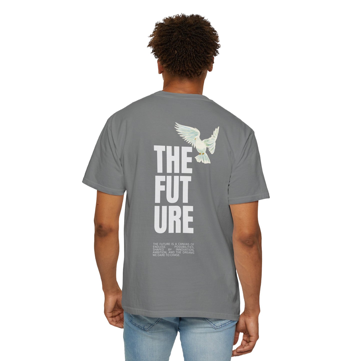 T-Shirt — 'THE FUTURE' Dove Graphic Tee with Headset Chest Sketch