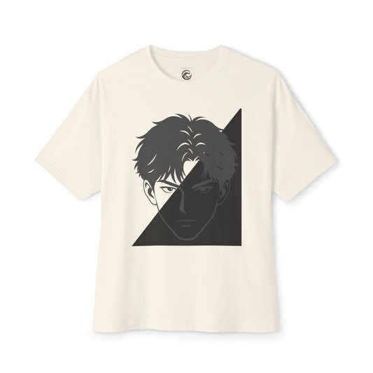 Anime Split-Face Graphic Tee — Monochrome Half-Shadow Design