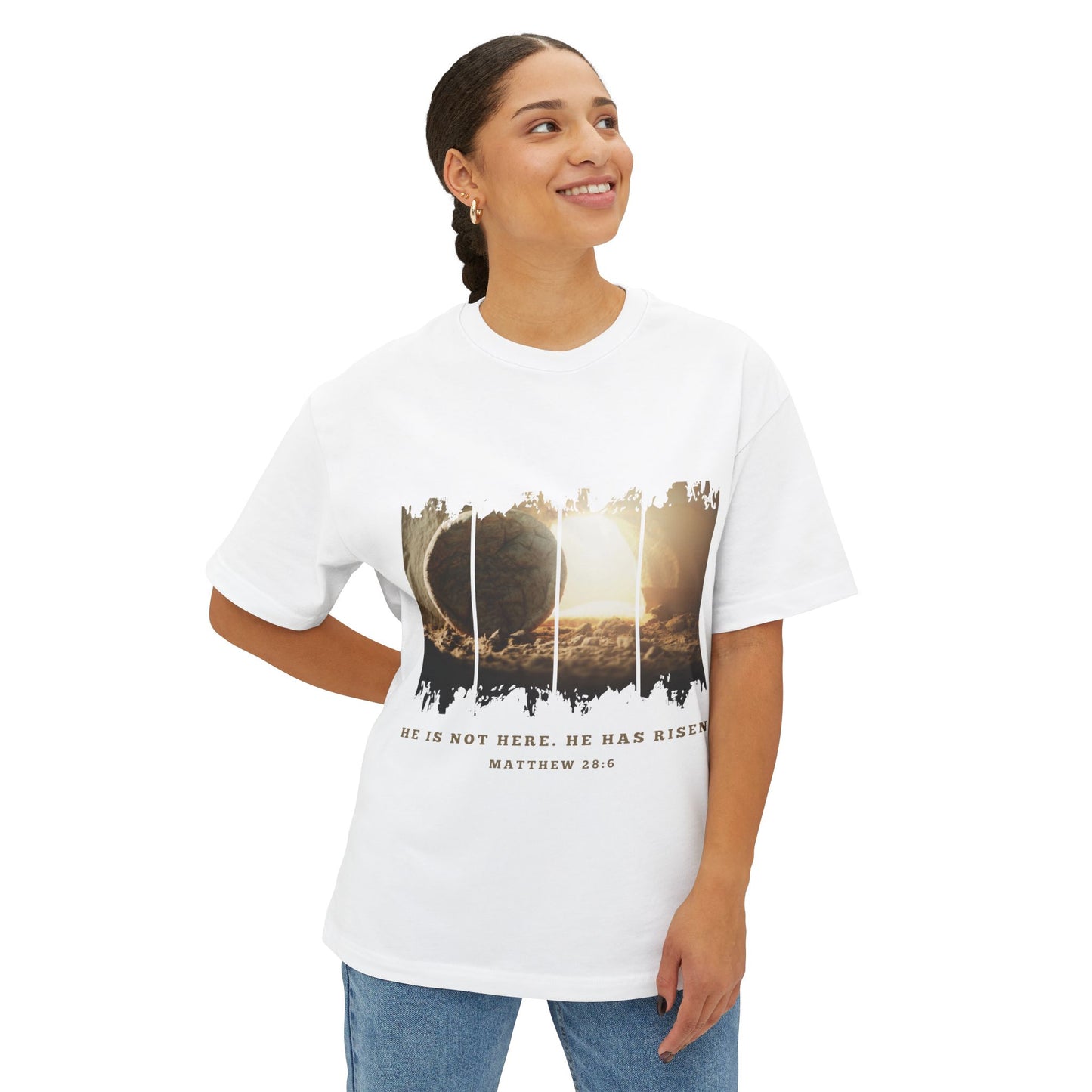 He Is Risen Oversized Tee — Easter Christian Resurrection Shirt