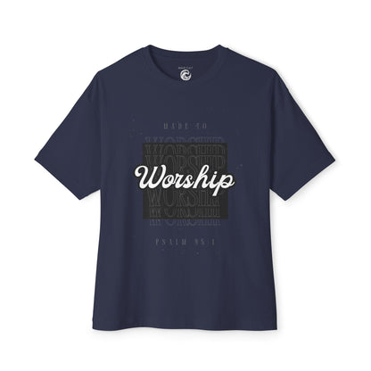Worship Boxy Tee — Retro Script Faith T-Shirt (Psalm 95:1)