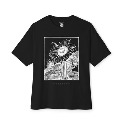 Sunflower Frame Graphic Tee — Monochrome Botanical Boxy T-Shirt