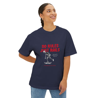Skateboard Tee – “No Rules Just Rails” Graphic Boxy T‑Shirt