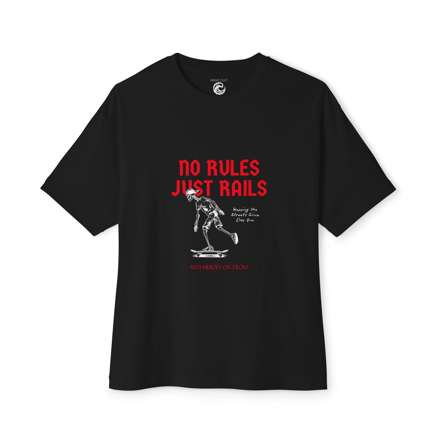 Skateboard Tee – “No Rules Just Rails” Graphic Boxy T‑Shirt