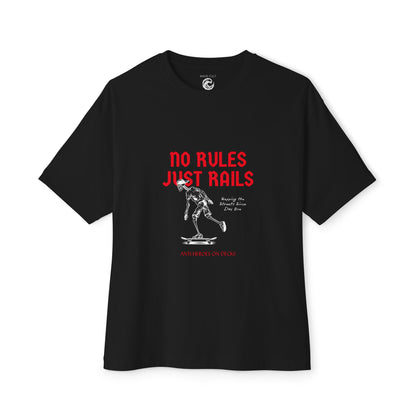 Skateboard Tee – “No Rules Just Rails” Graphic Boxy T‑Shirt