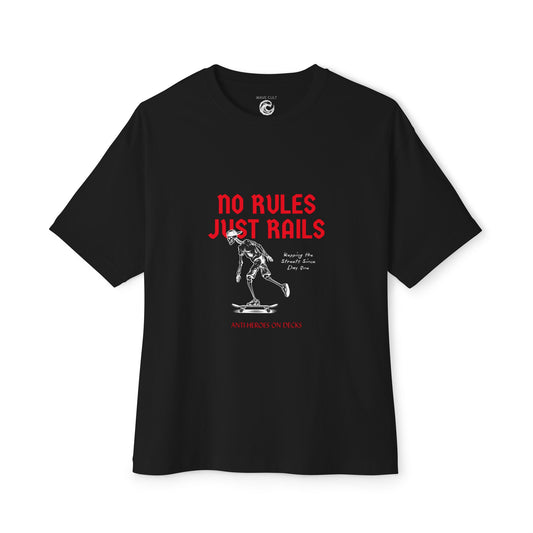 Skateboard Tee – “No Rules Just Rails” Graphic Boxy T‑Shirt