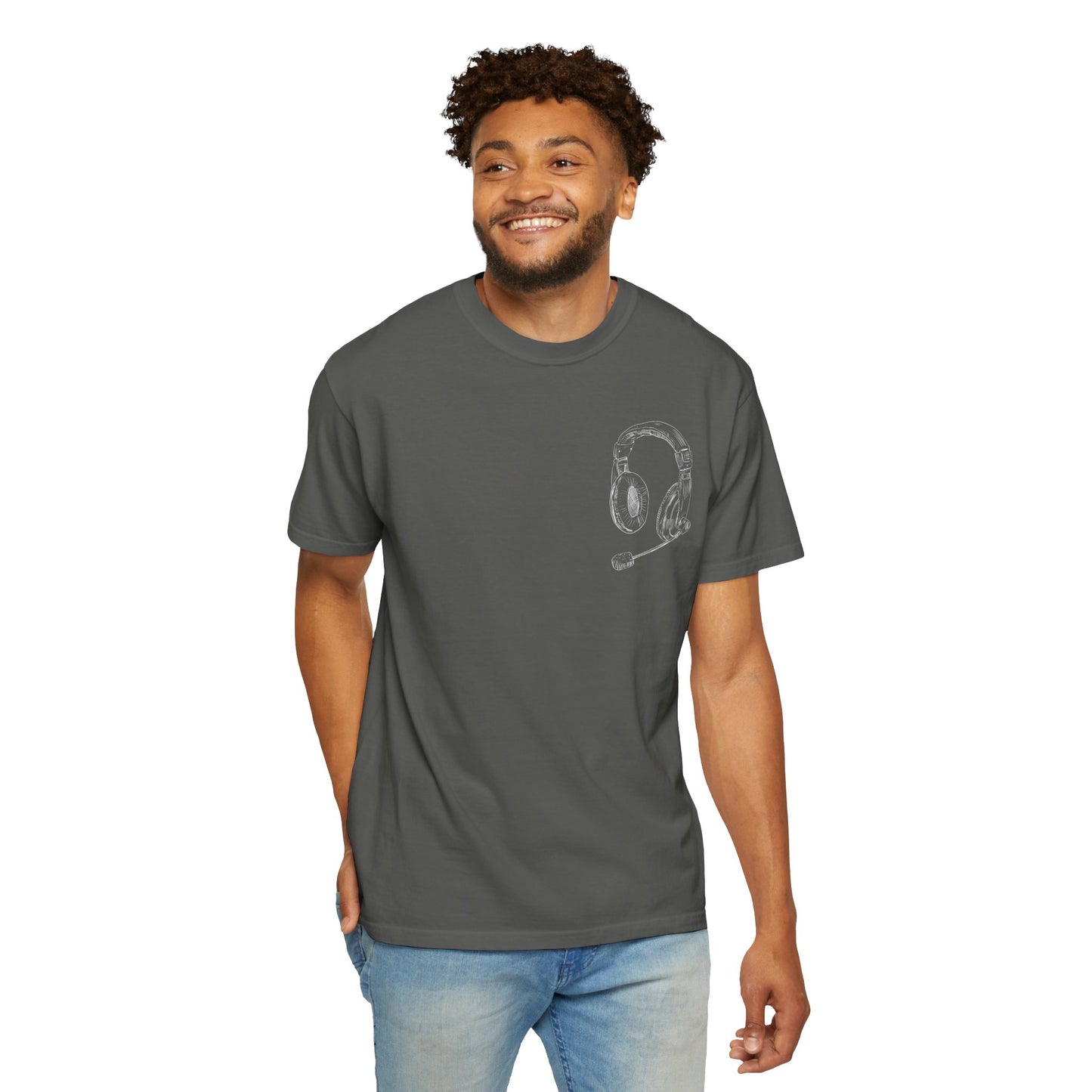 T-Shirt — 'THE FUTURE' Dove Graphic Tee with Headset Chest Sketch