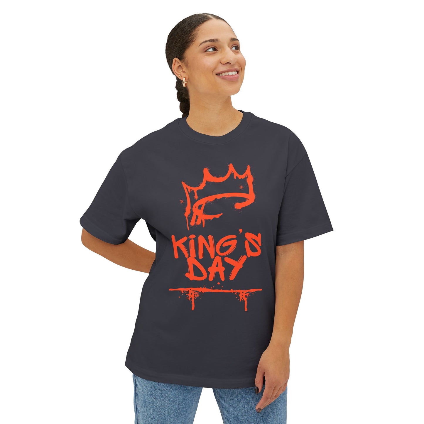 King's Day Graphic Tee — Oversized Boxy Shirt with Red Crown Design