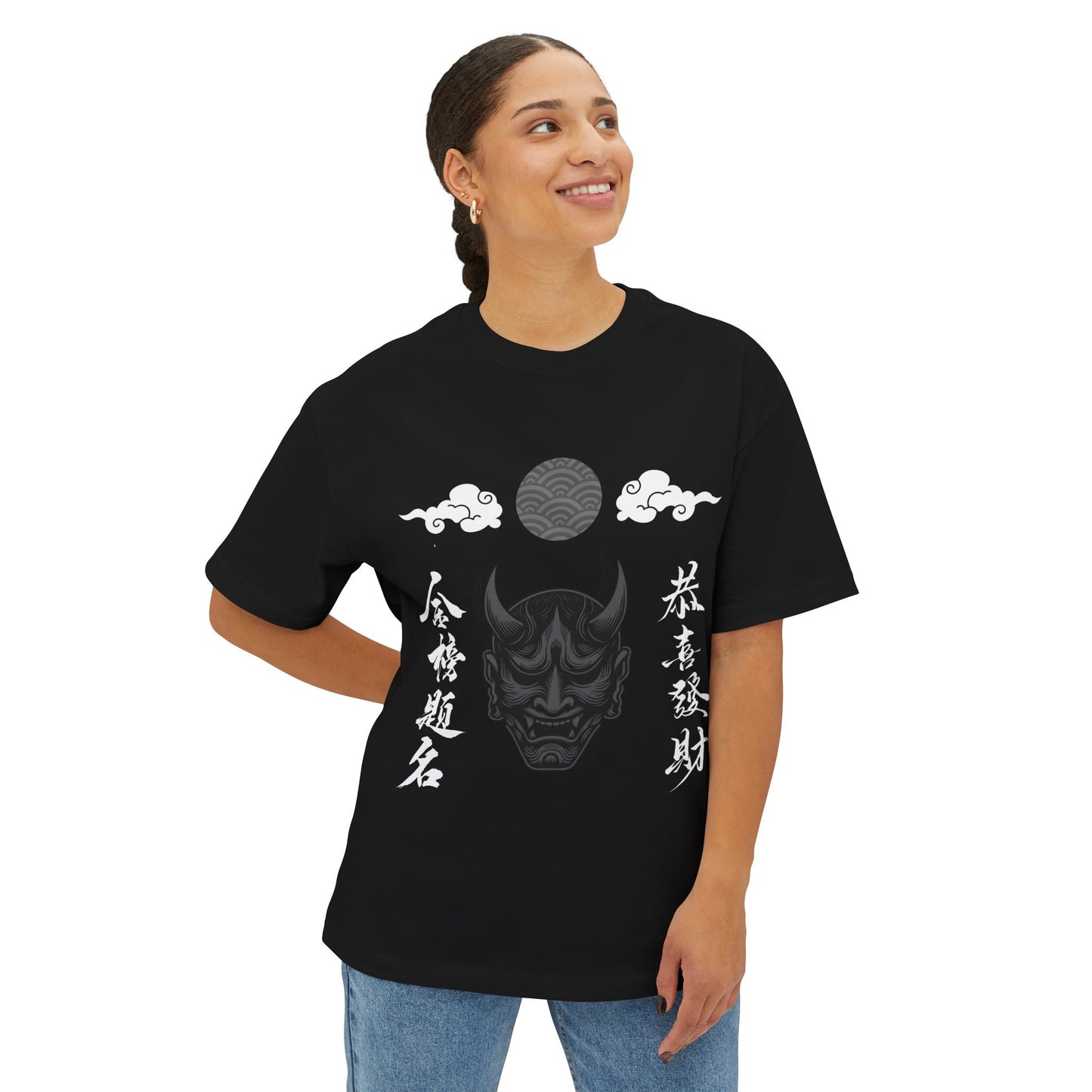 Hannya Mask Graphic Tee — Japanese Oni Demon Kanji Oversized T-Shirt