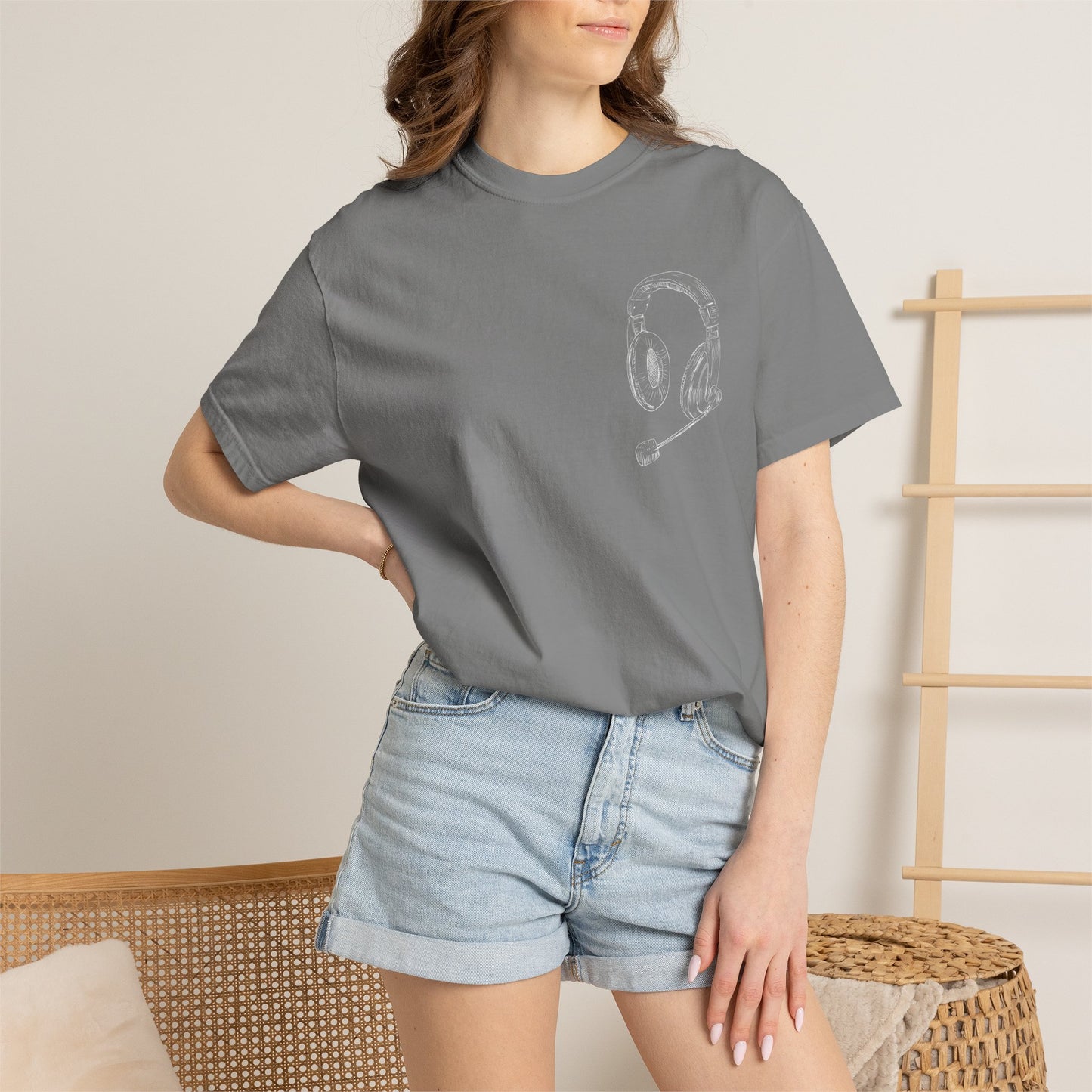 T-Shirt — 'THE FUTURE' Dove Graphic Tee with Headset Chest Sketch