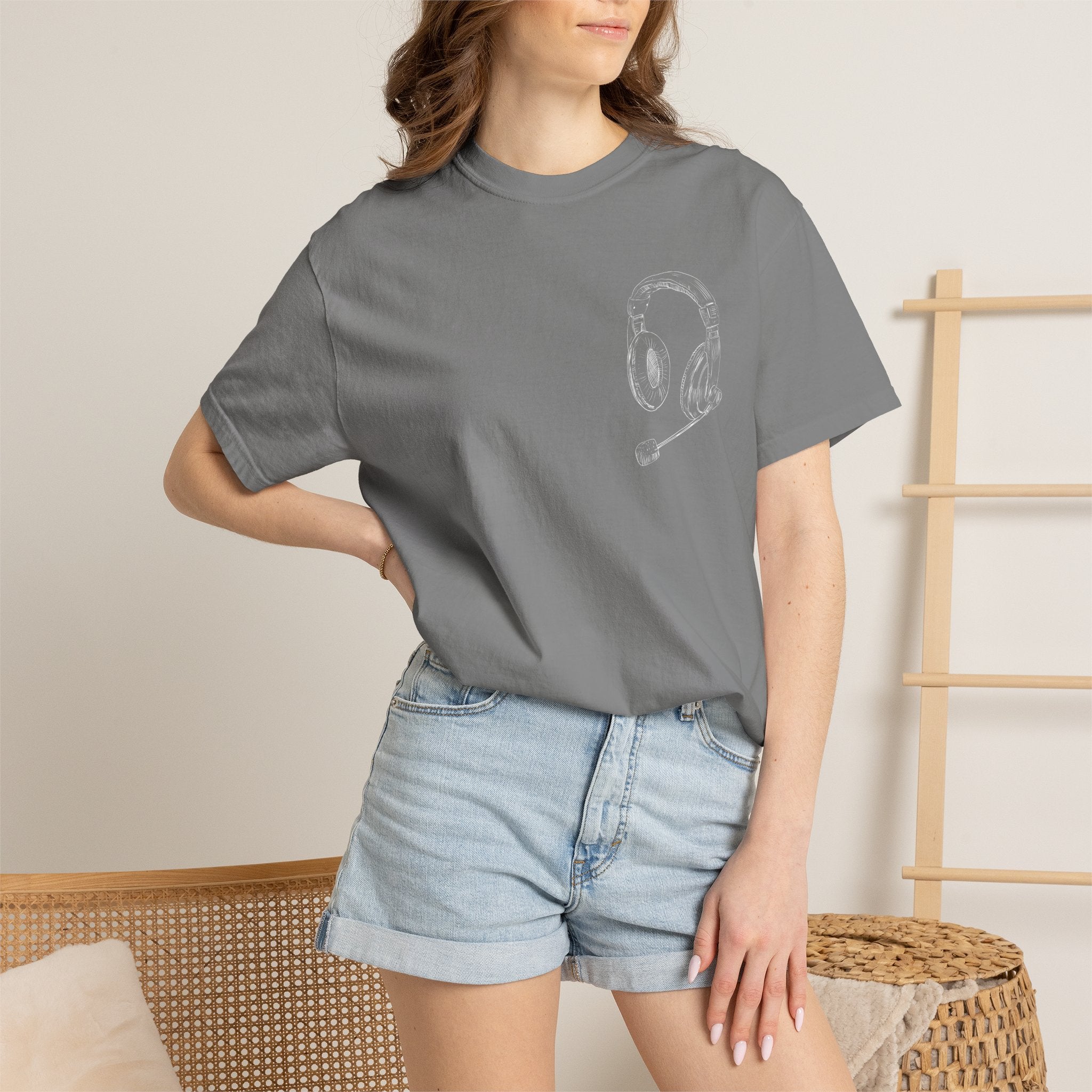 T-Shirt — 'THE FUTURE' Dove Graphic Tee with Headset Chest Sketch