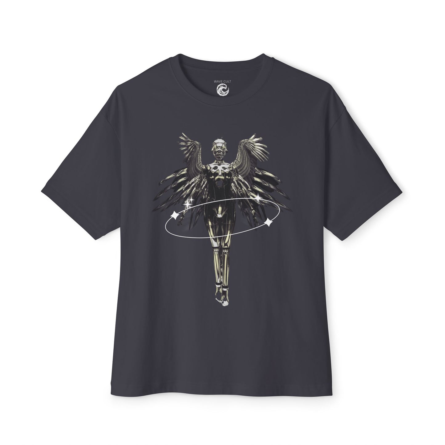 Angel Hula Hoop Graphic Tee — Metallic Angel Wings Streetwear Shirt