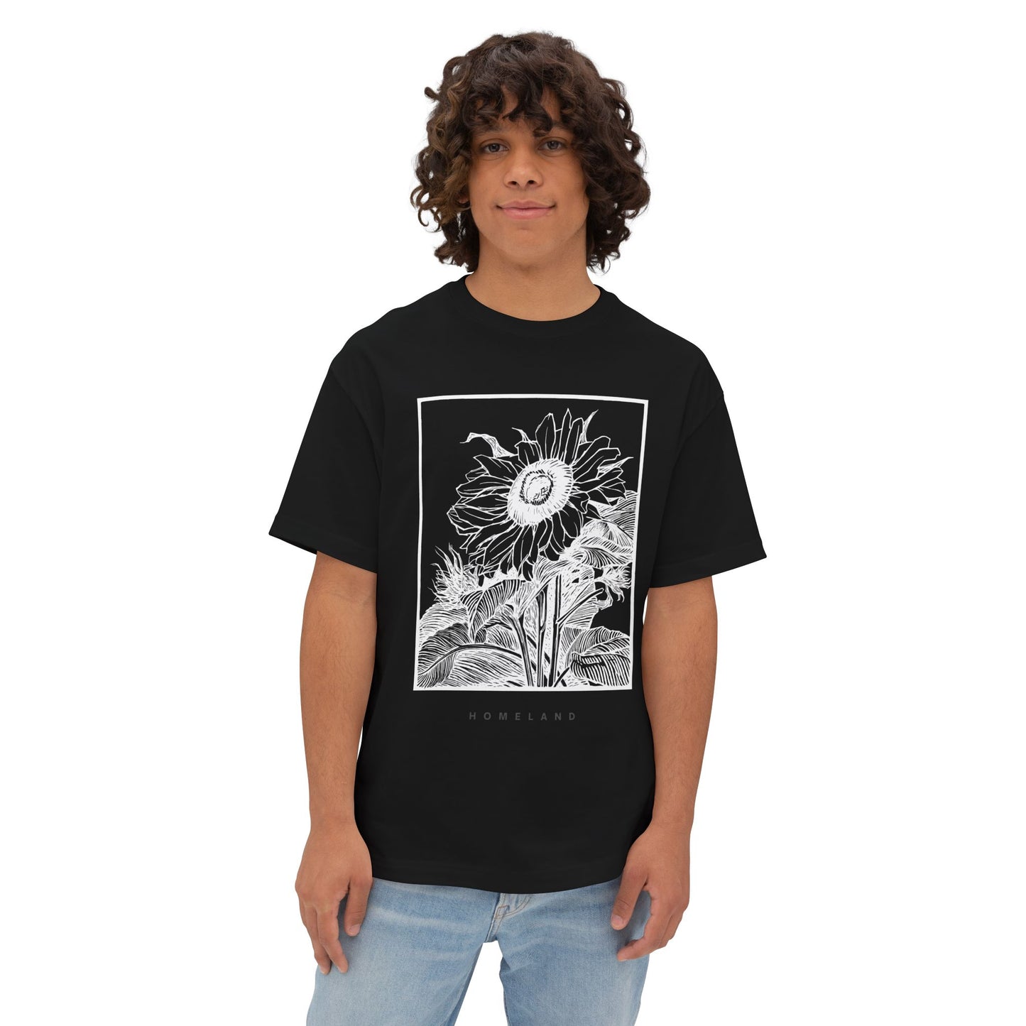 Sunflower Frame Graphic Tee — Monochrome Botanical Boxy T-Shirt
