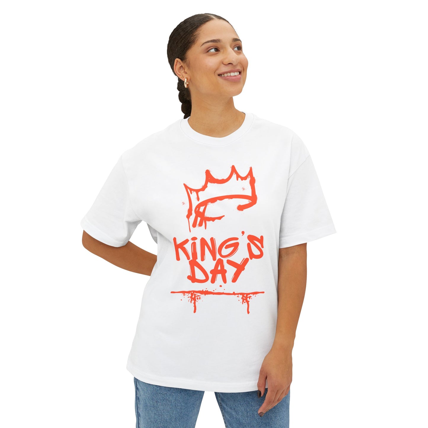 King's Day Graphic Tee — Oversized Boxy Shirt with Red Crown Design