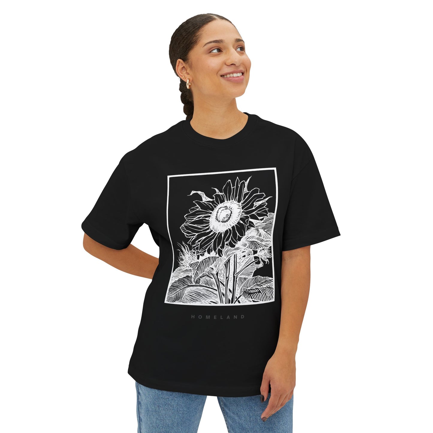 Sunflower Frame Graphic Tee — Monochrome Botanical Boxy T-Shirt