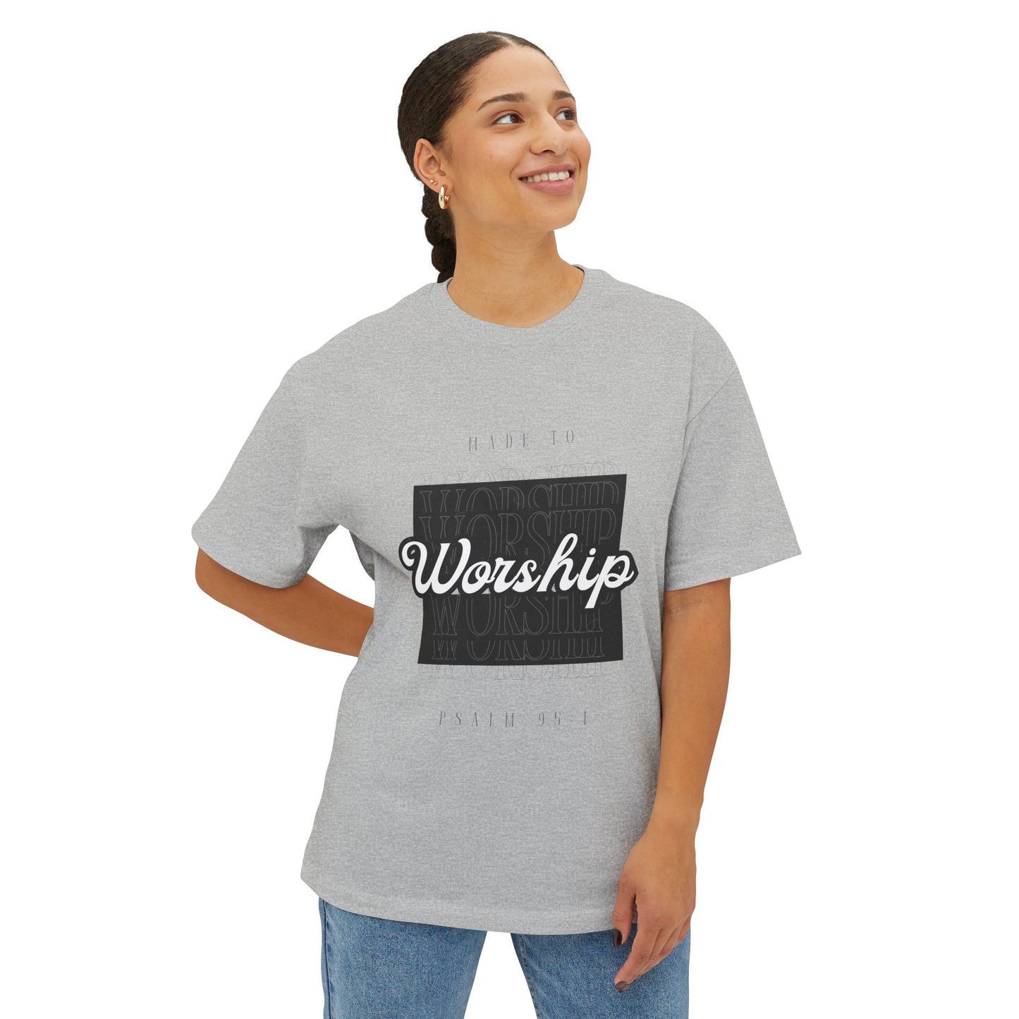 Worship Boxy Tee — Retro Script Faith T-Shirt (Psalm 95:1)