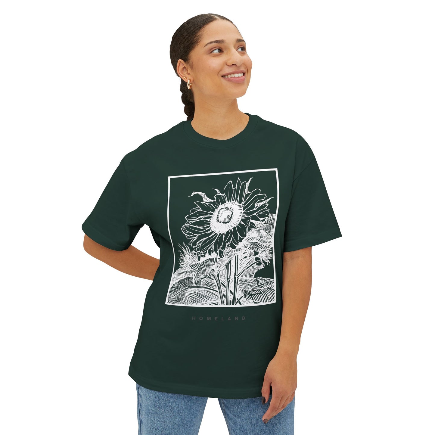 Sunflower Frame Graphic Tee — Monochrome Botanical Boxy T-Shirt