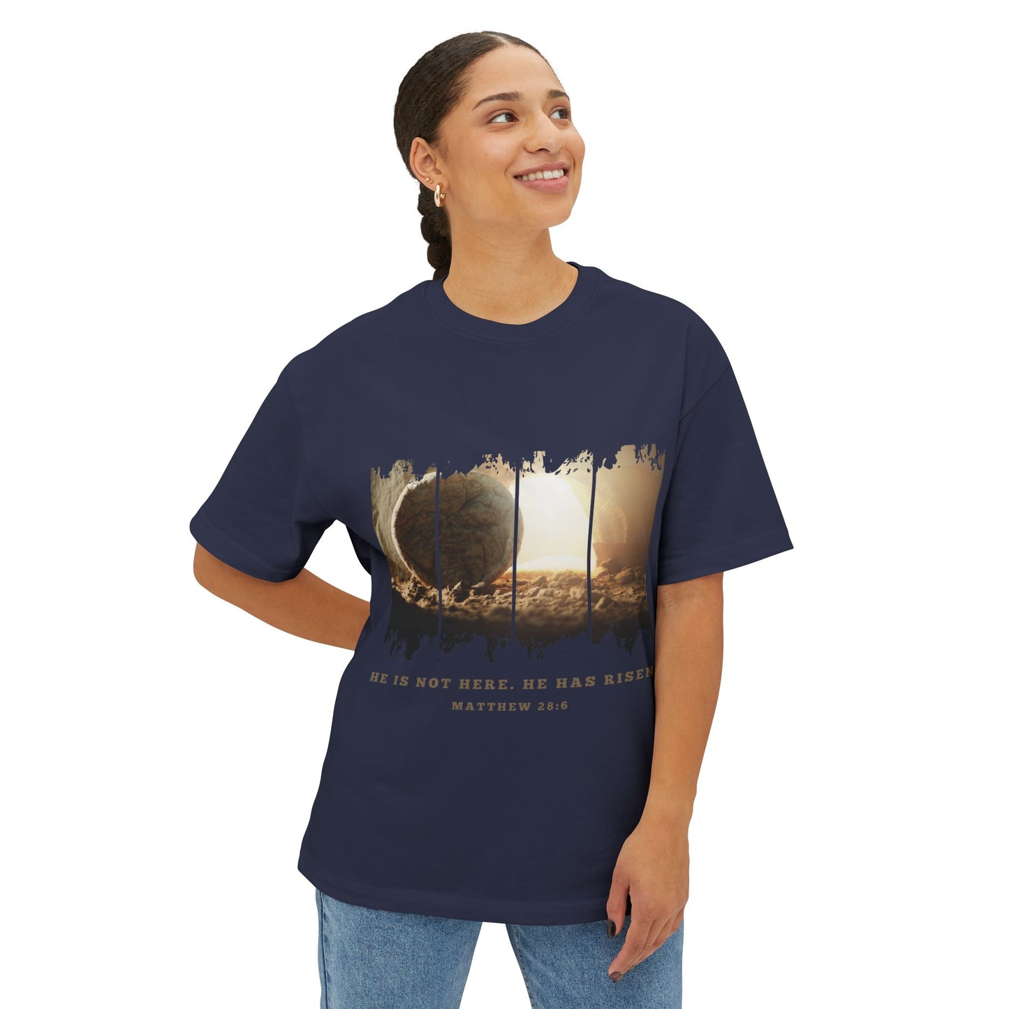 He Is Risen Oversized Tee — Easter Christian Resurrection Shirt