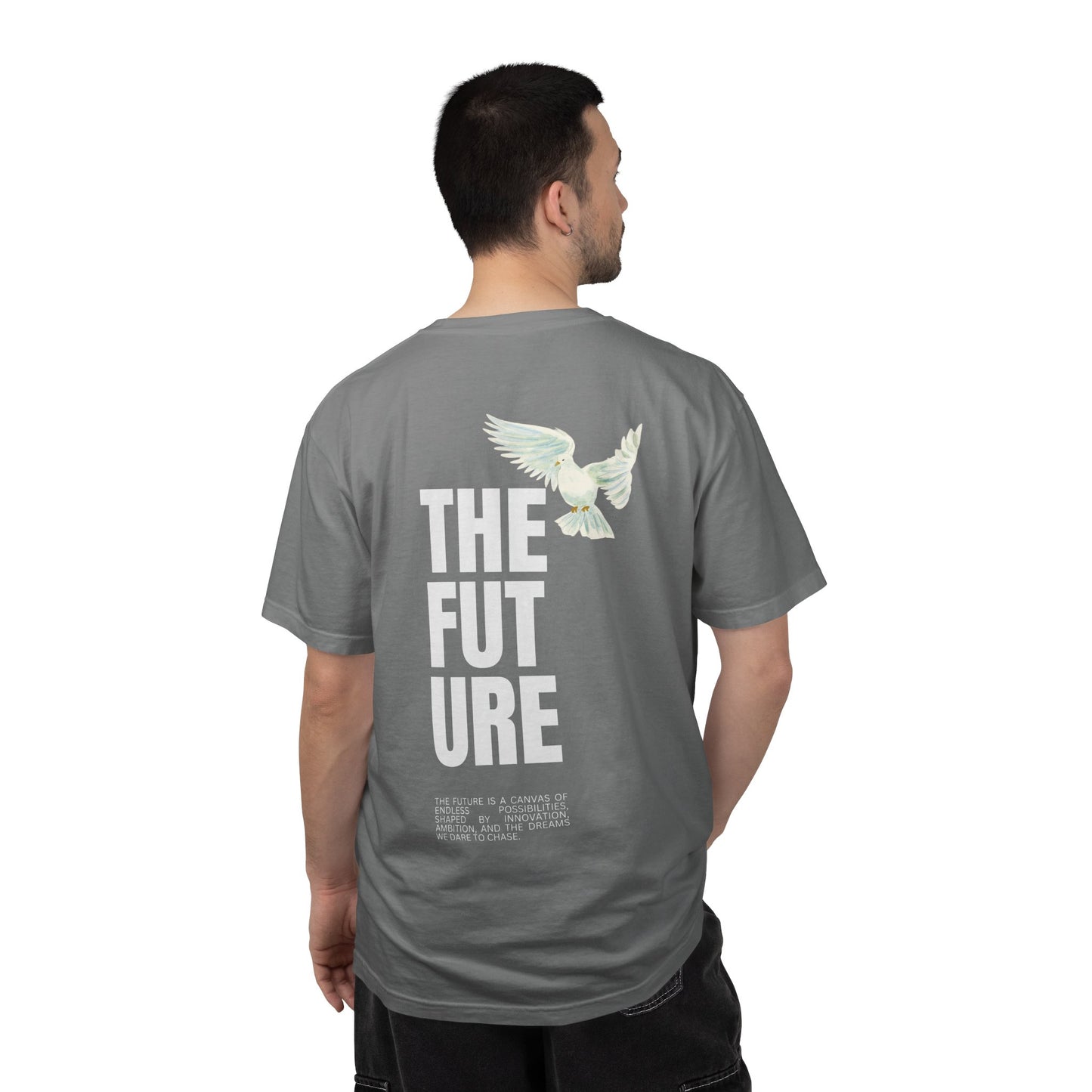 T-Shirt — 'THE FUTURE' Dove Graphic Tee with Headset Chest Sketch