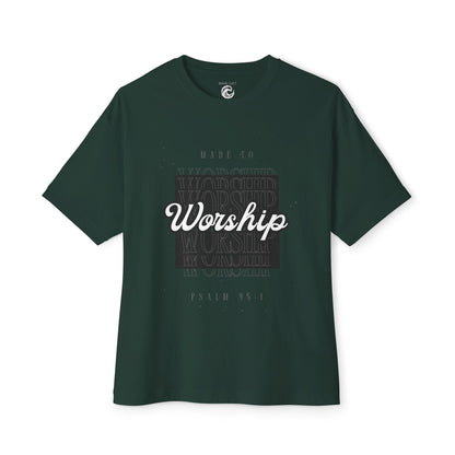 Worship Boxy Tee — Retro Script Faith T-Shirt (Psalm 95:1)