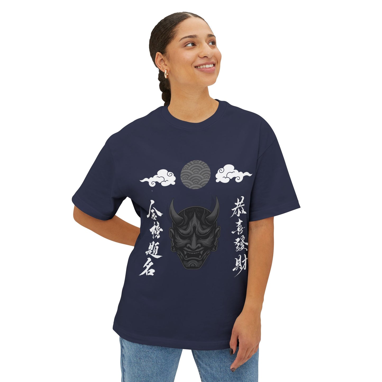 Hannya Mask Graphic Tee — Japanese Oni Demon Kanji Oversized T-Shirt