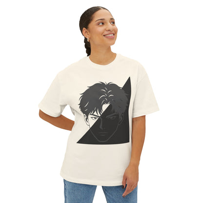 Anime Split-Face Graphic Tee — Monochrome Half-Shadow Design