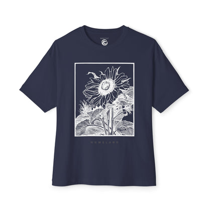 Sunflower Frame Graphic Tee — Monochrome Botanical Boxy T-Shirt