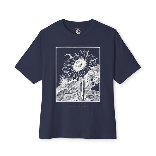 Sunflower Frame Graphic Tee — Monochrome Botanical Boxy T-Shirt