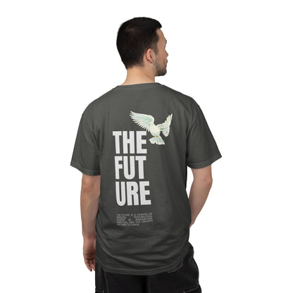 T-Shirt — 'THE FUTURE' Dove Graphic Tee with Headset Chest Sketch
