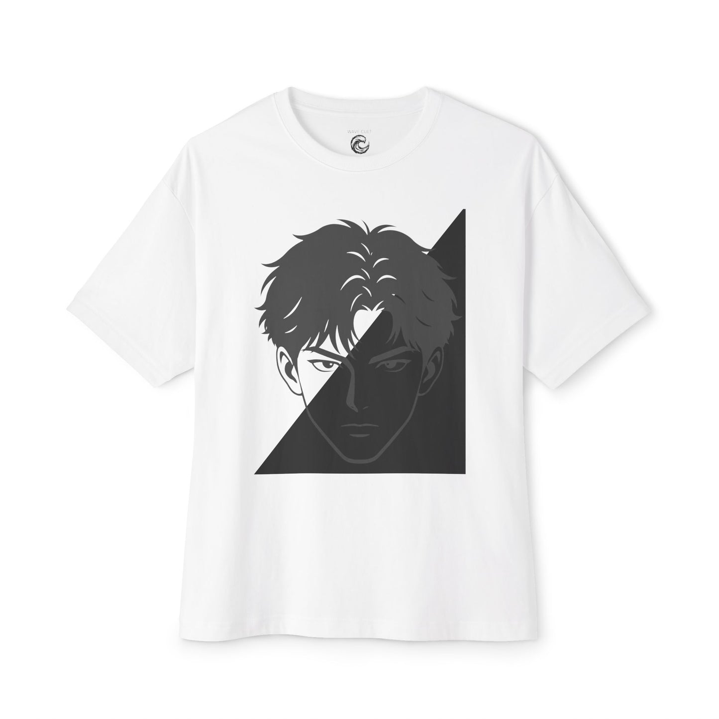 Anime Split-Face Graphic Tee — Monochrome Half-Shadow Design