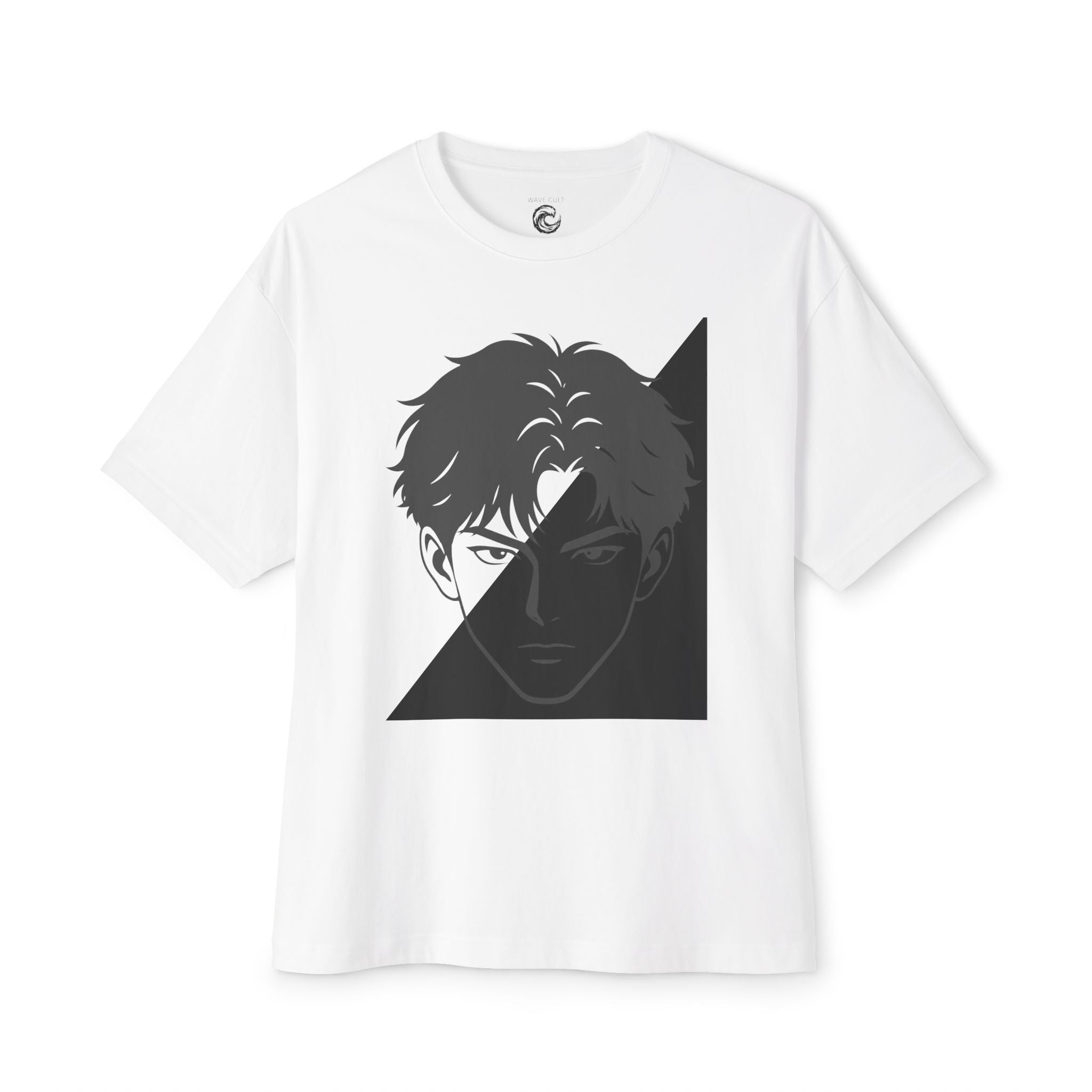 Anime tshirt Split-Face Graphic — Monochrome Half-Shadow Design