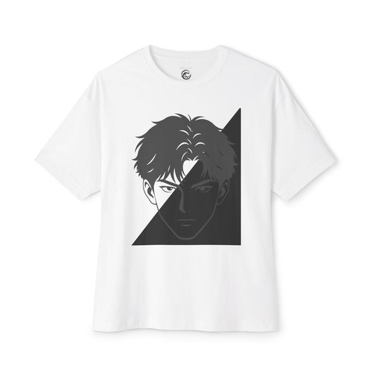 Anime Split-Face Graphic Tee — Monochrome Half-Shadow Design