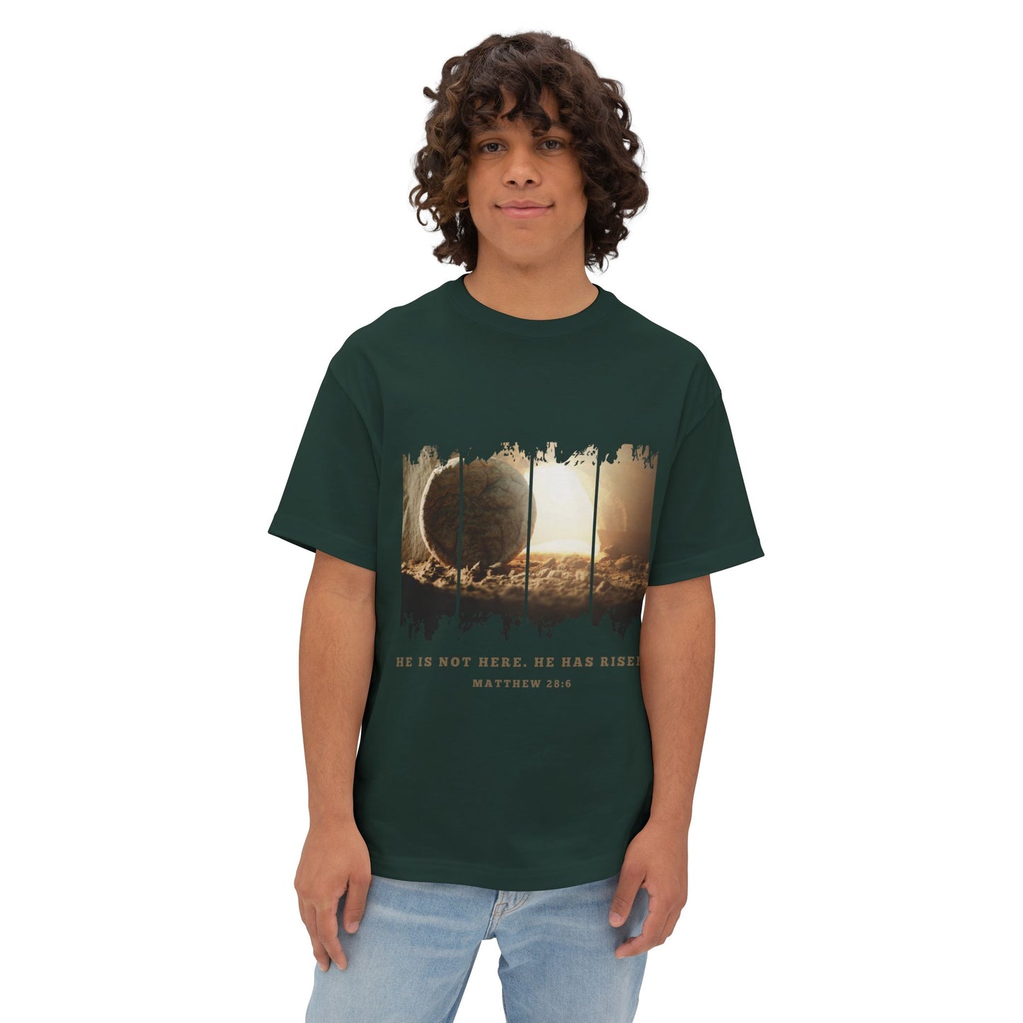 He Is Risen Oversized Tee — Easter Christian Resurrection Shirt