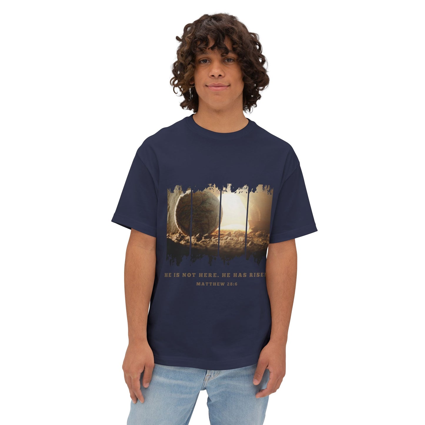 He Is Risen Oversized Tee — Easter Christian Resurrection Shirt