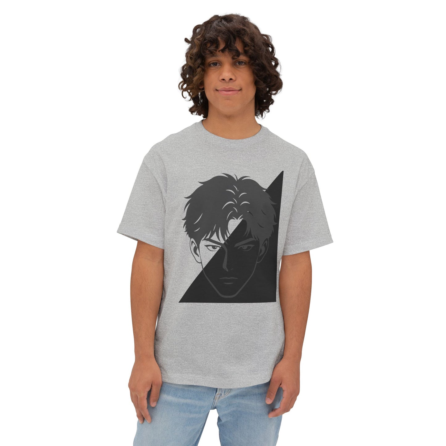 Anime Split-Face Graphic Tee — Monochrome Half-Shadow Design