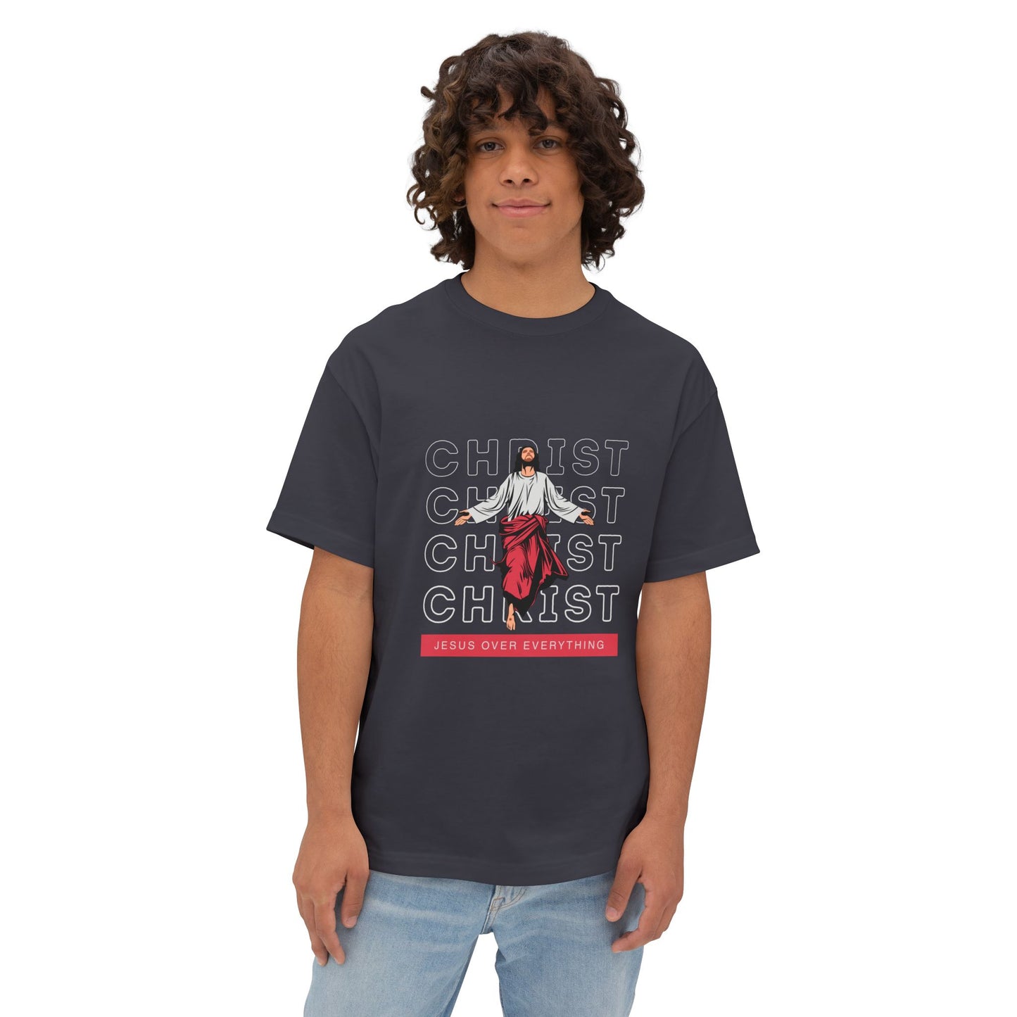 Christ Over Everything Tee — Retro Jesus Graphic Oversized Boxy Shirt