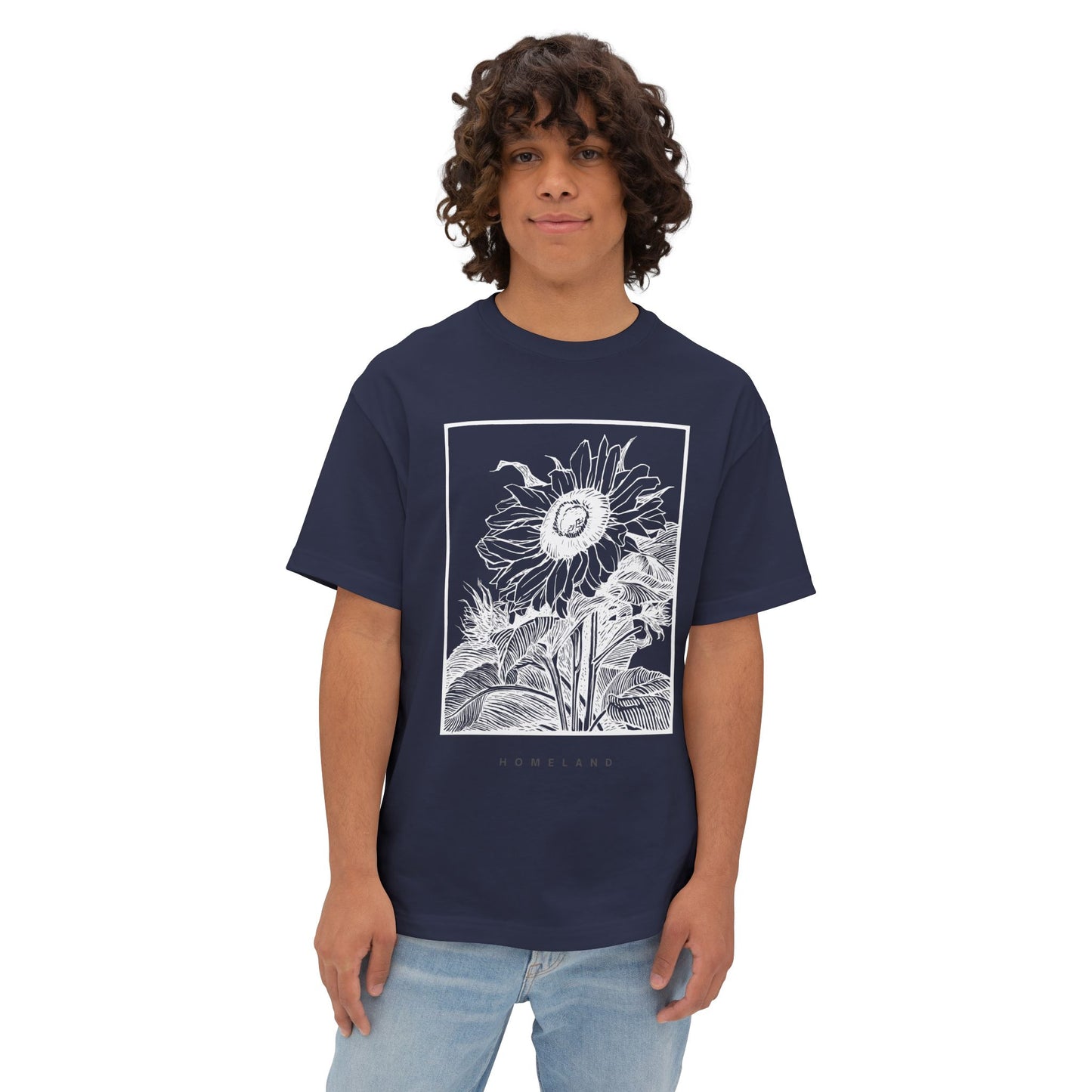Sunflower Frame Graphic Tee — Monochrome Botanical Boxy T-Shirt