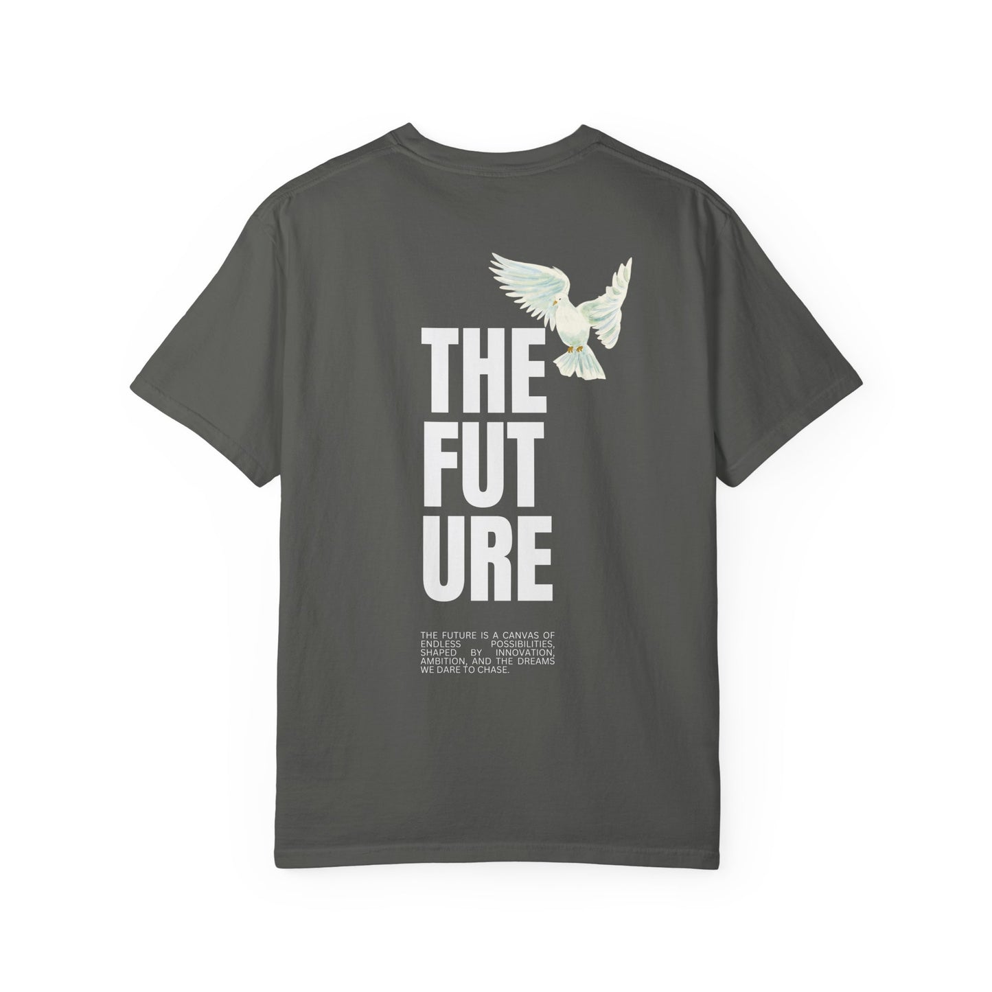 T-Shirt — 'THE FUTURE' Dove Graphic Tee with Headset Chest Sketch