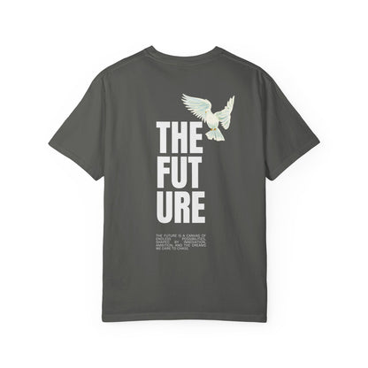 T-Shirt — 'THE FUTURE' Dove Graphic Tee with Headset Chest Sketch