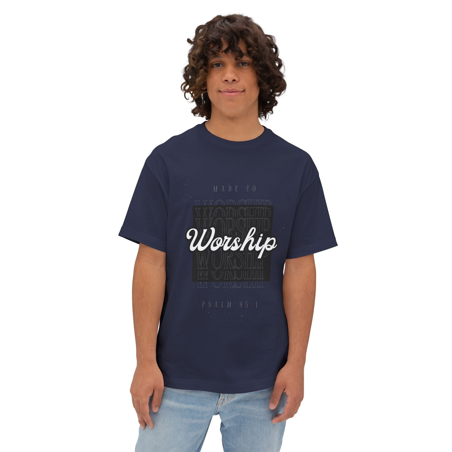 Worship Boxy Tee — Retro Script Faith T-Shirt (Psalm 95:1)