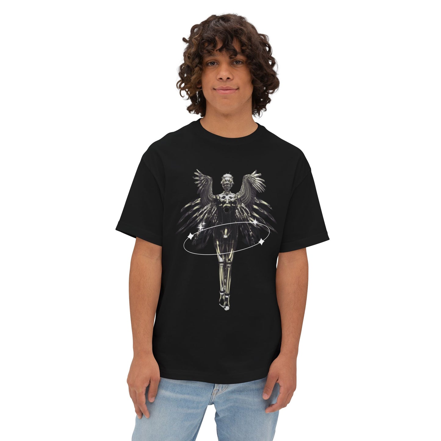 Angel Hula Hoop Graphic Tee — Metallic Angel Wings Streetwear Shirt