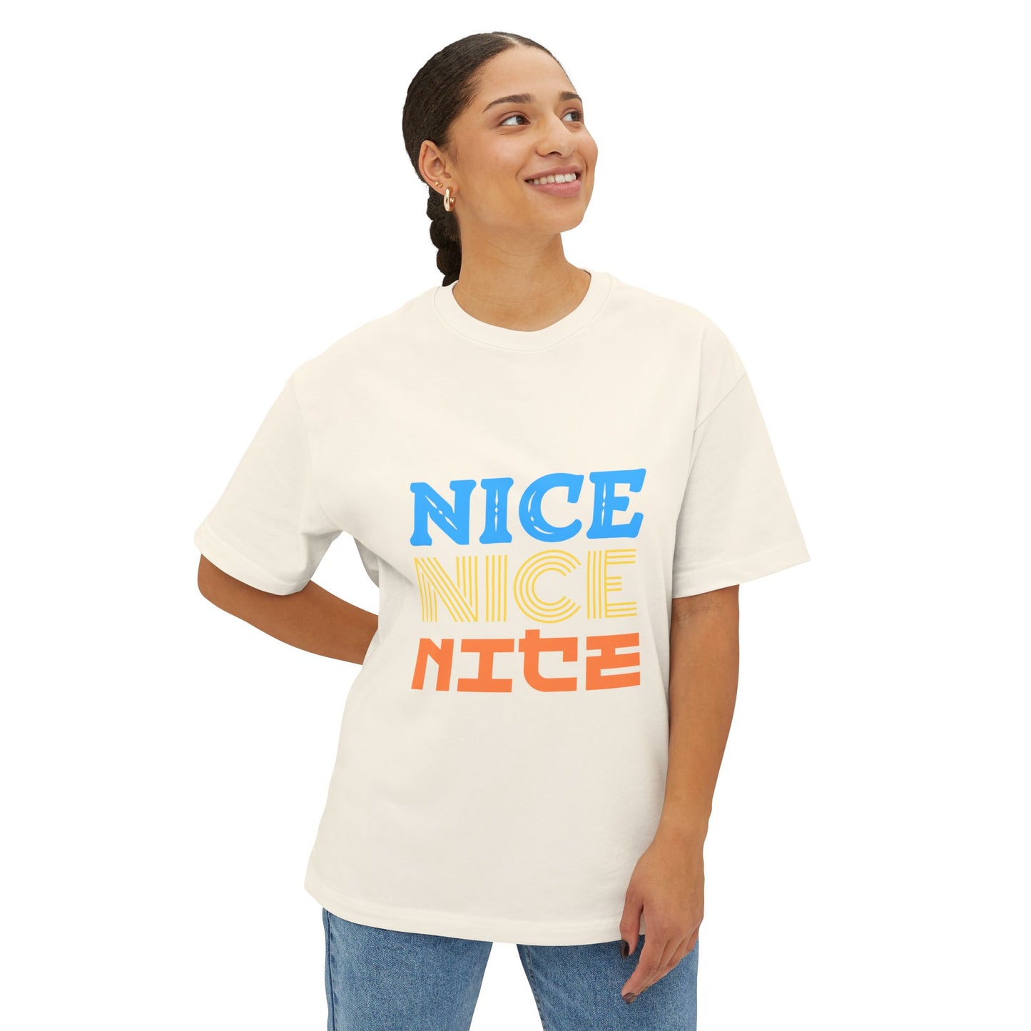 Nice Nice Nice Boxy Tee — Retro Colorblock Graphic T‑Shirt