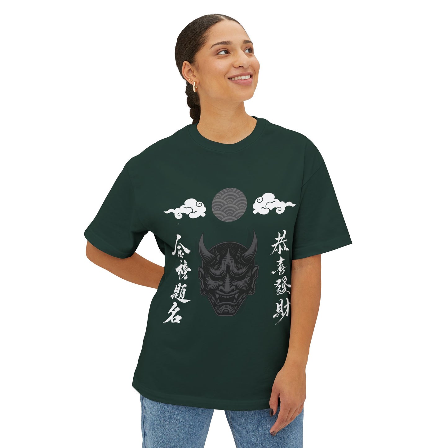Hannya Mask Graphic Tee — Japanese Oni Demon Kanji Oversized T-Shirt
