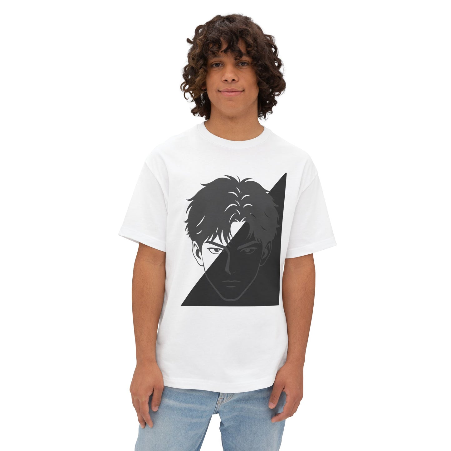 Anime Split-Face Graphic Tee — Monochrome Half-Shadow Design