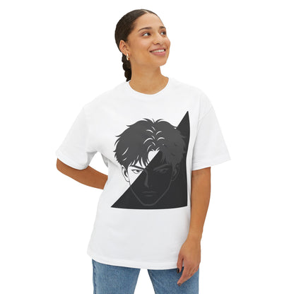 Anime Split-Face Graphic Tee — Monochrome Half-Shadow Design