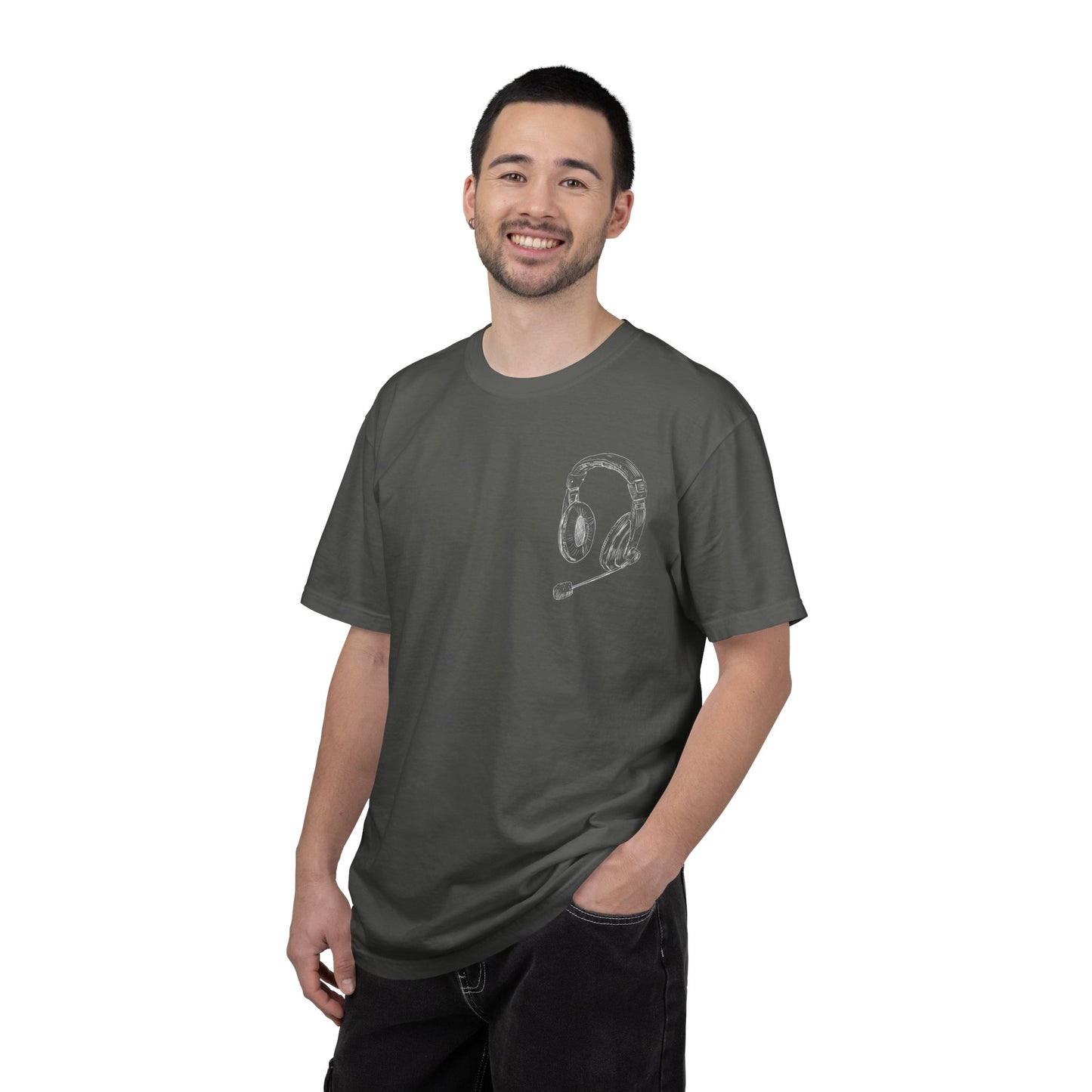 T-Shirt — 'THE FUTURE' Dove Graphic Tee with Headset Chest Sketch