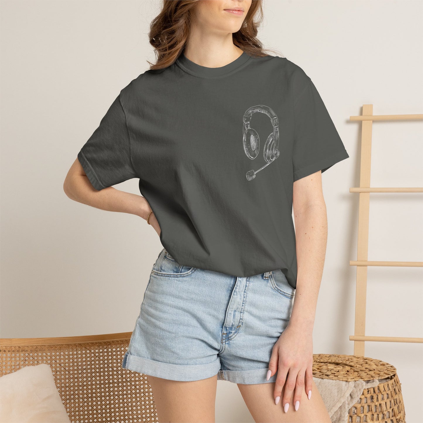 T-Shirt — 'THE FUTURE' Dove Graphic Tee with Headset Chest Sketch