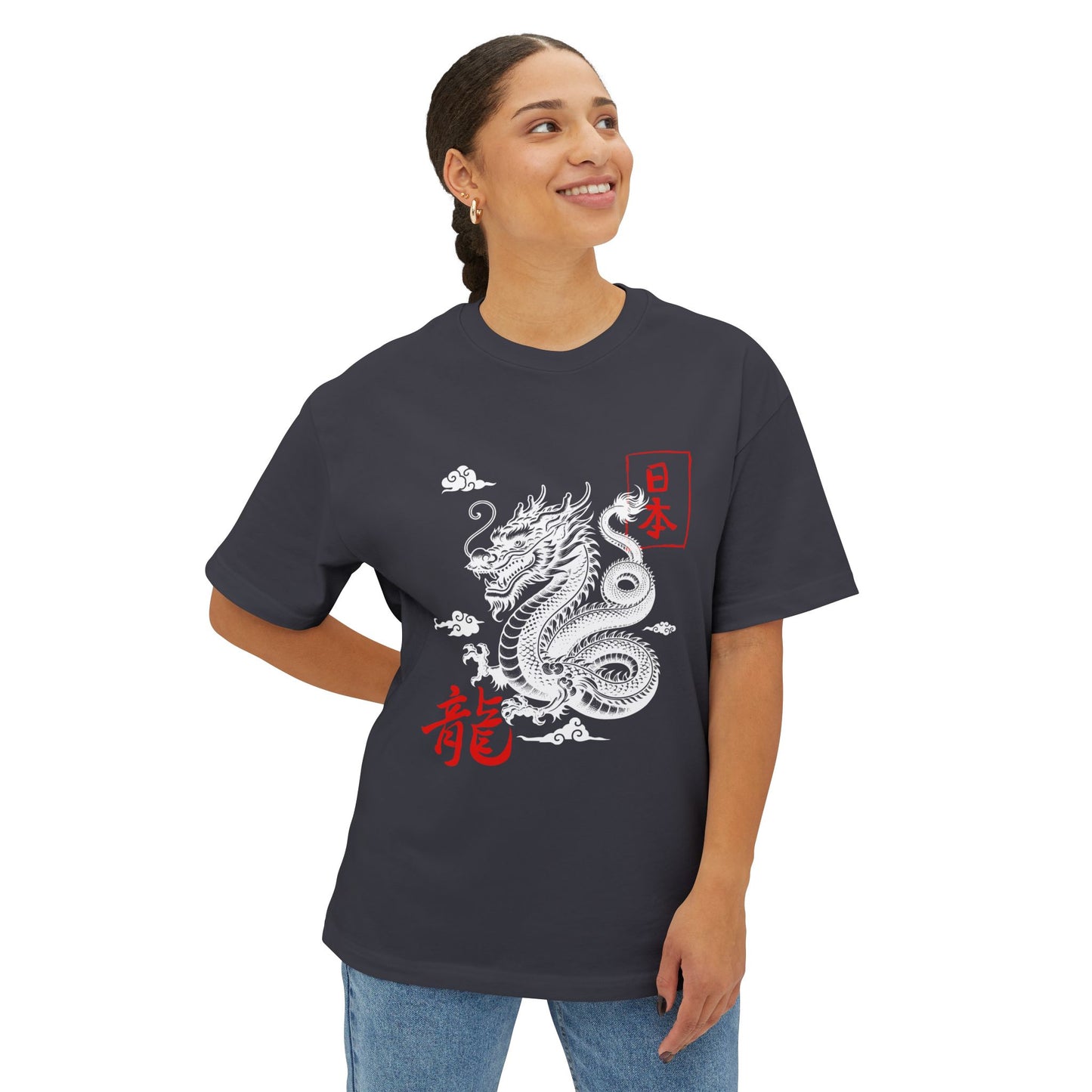 Boxy Tee — Minimal Red Kanji '龍' (Dragon) & '日本' Pocket Graphic