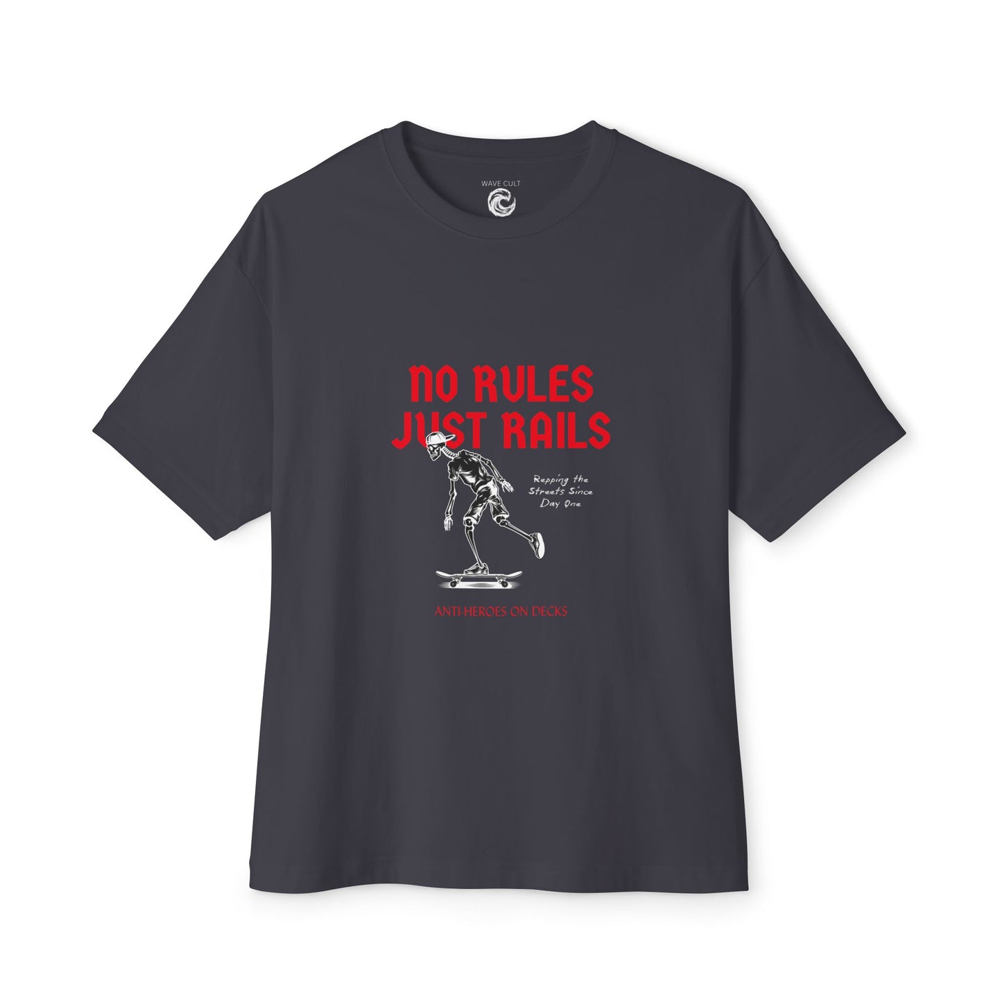 Skateboard Tee – “No Rules Just Rails” Graphic Boxy T‑Shirt