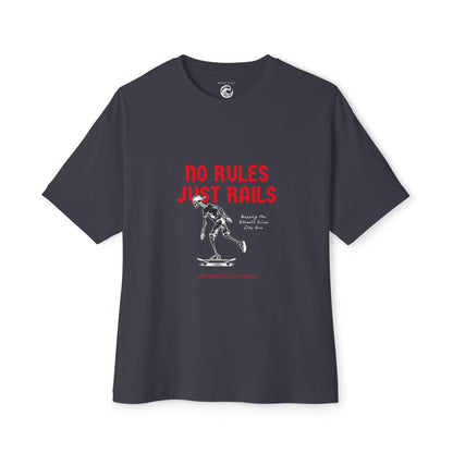 Skateboard Tee – “No Rules Just Rails” Graphic Boxy T‑Shirt