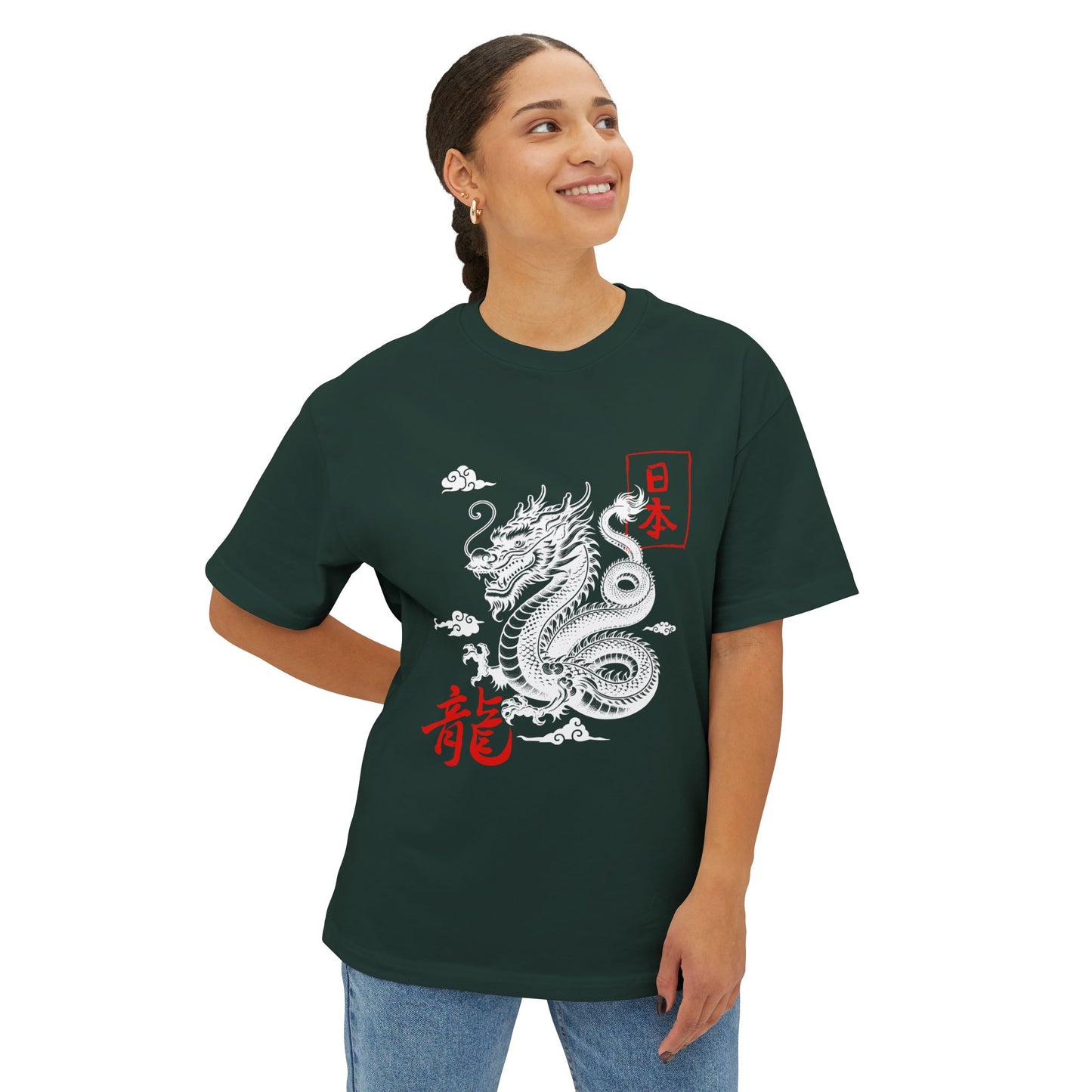 Boxy Tee — Minimal Red Kanji '龍' (Dragon) & '日本' Pocket Graphic